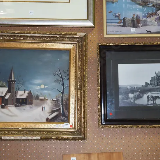 gilt framed oil - church (damage) , ornate photograph - abbey - red dots