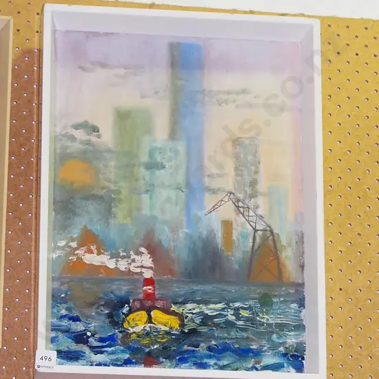 framed oil - tugboat, skyscrapers