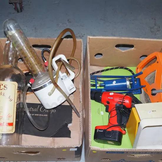 2x boxes; foot pump, large whisky bottle, electric still etc - yellow dots