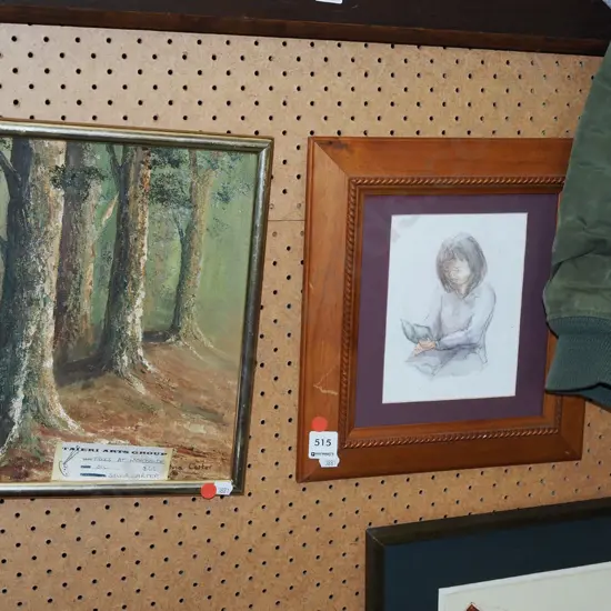 2x small - Sylvia Carter framed oil - trees, Maria Kemp framed watercolour - woman reading book - red dots