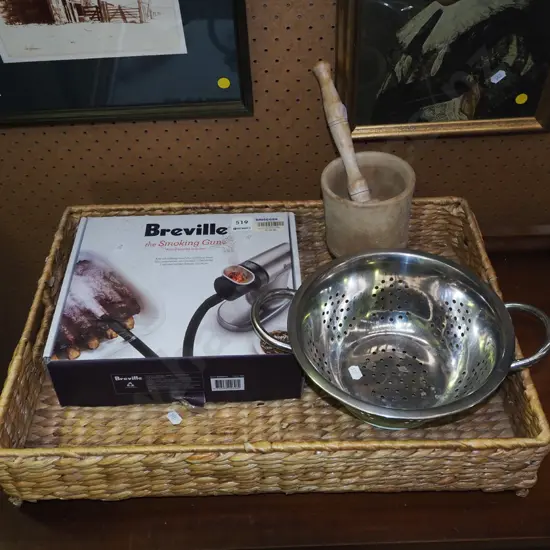 seagrass tray; colander, mortar and pestle, Breville smoking gun
