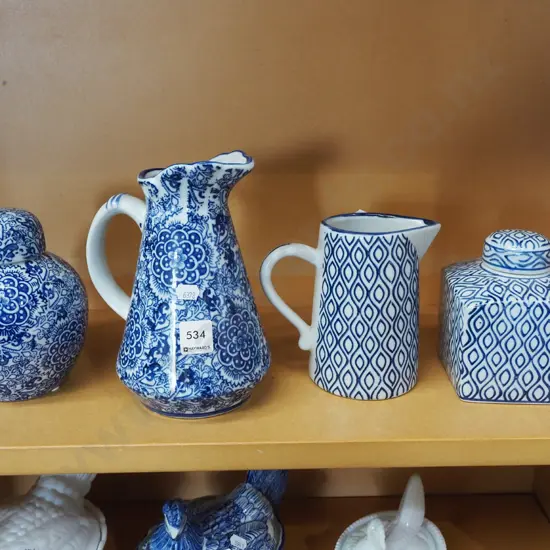 2x blue and white jugs, ginger jars