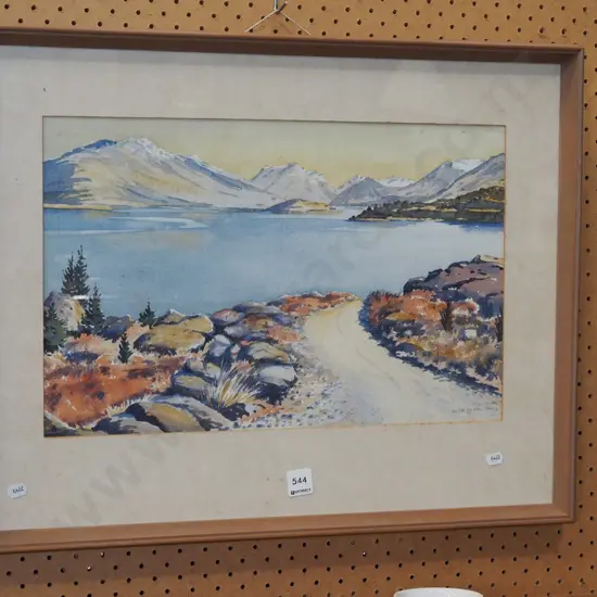 framed watercolour - Ruth Duval Smith - lake and mountain scene - foxing