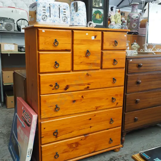 oregon 9 drawer tall boy - scratches to varnish H-1230 W-880 D-400