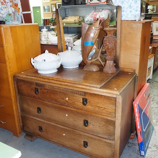 oak 3 drawer mirror back dresser H-1600 W-1060 D-530