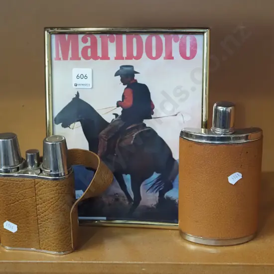 framed Marlboro, 2x hip flasks