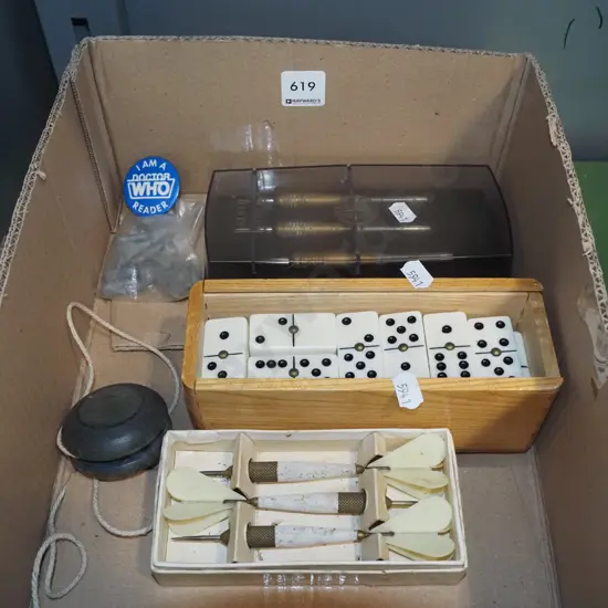 box; darts, dominoes, yo-yo etc