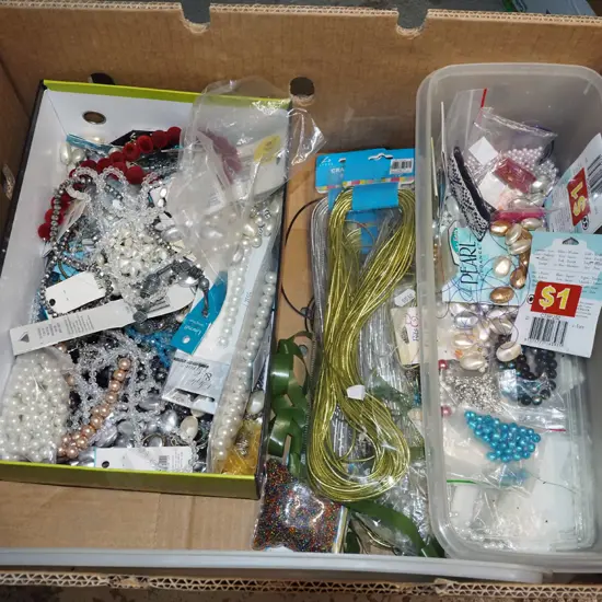 box; beaded necklaces, beads etc