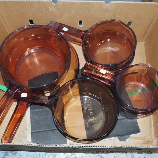 box; acrolite amber glass pots frying pn
