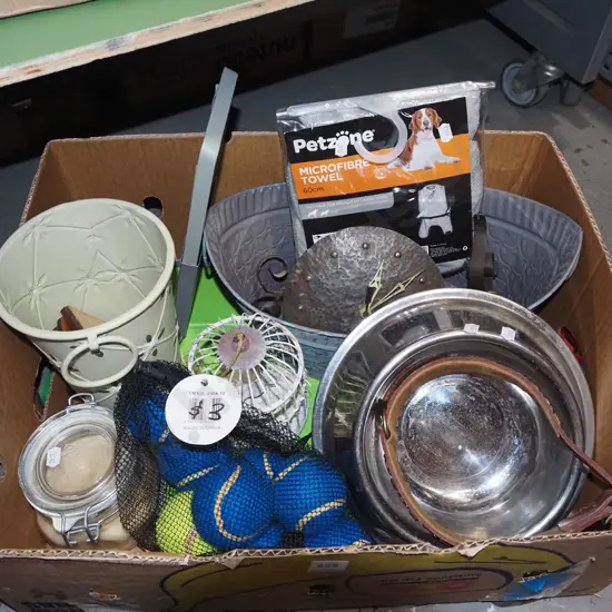 box; dogs bowl, tennis balls etc