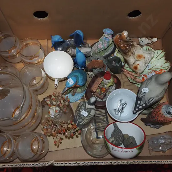 box; glass water set, bird figurine etc