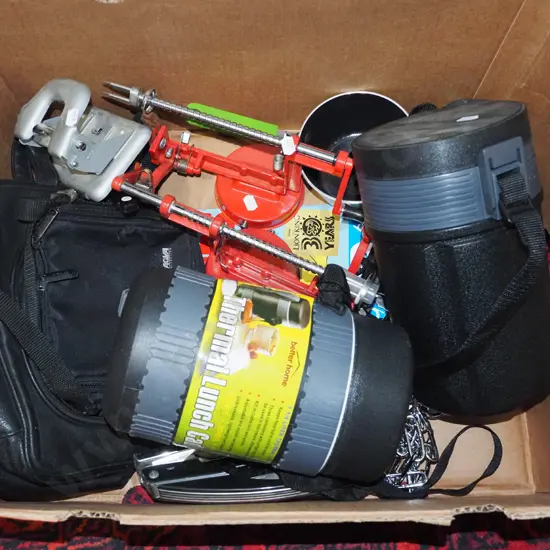 box; thermoses, dog chain, apple peeler corers etc