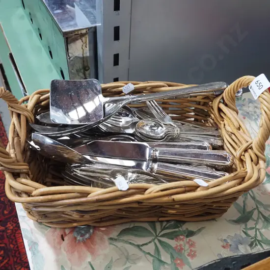 cane basket, cutlery, kitchen utensils