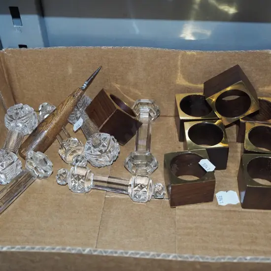 box; crystal knife rests, napkin rings