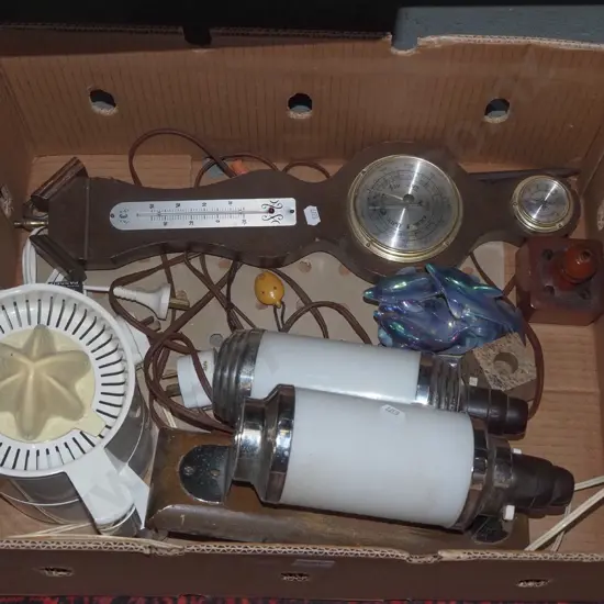 box; barometer/thermometer, dolphin figurine etc