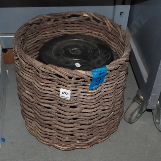 vintage cane basket, dumb bell weights