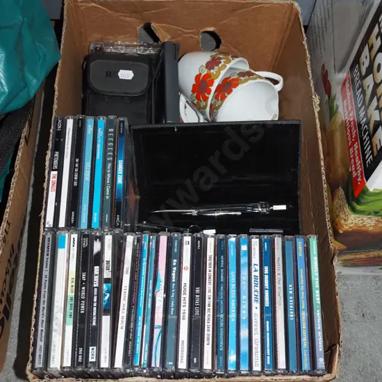 box; CDs, cups, saucers etc