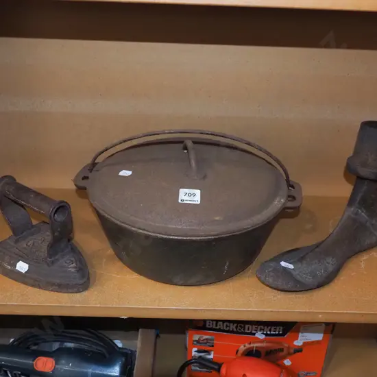 sad iron, dutch oven, shoe last - rusty