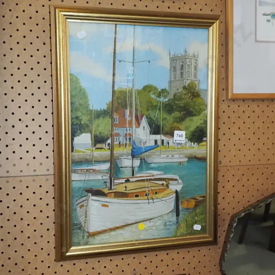 2x Yvonne Benson hand coloured prints, watercolour - boats - yellow dots