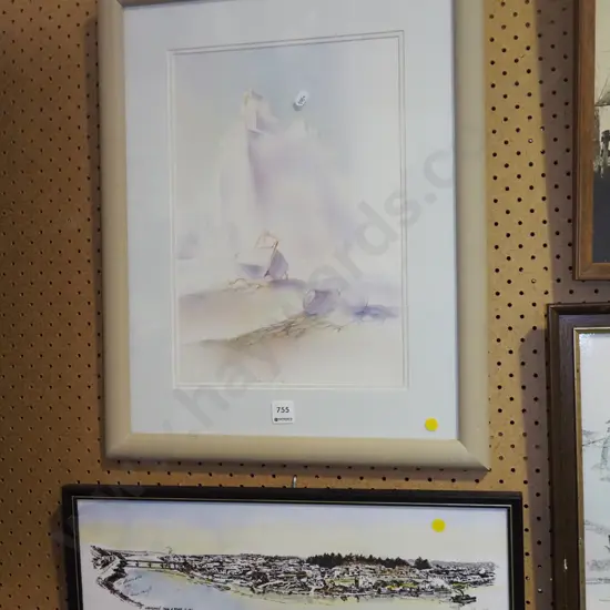 2 framed prints - boat & castle and Bruce Canning Wanganui view