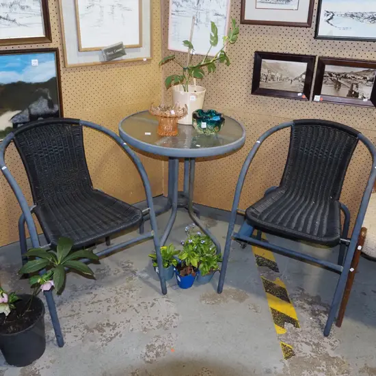 glass top outdoor table with 2 chairs