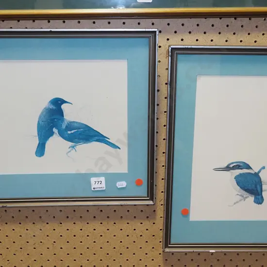 2x framed bird prints - fading - red dots