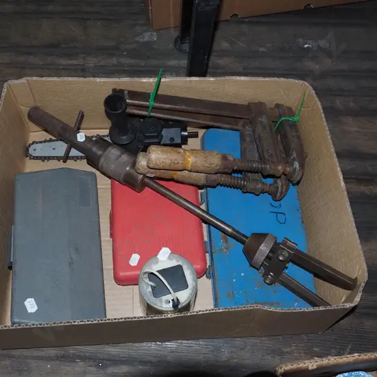 box; G clamps, drill bits, right angle driving kit etc