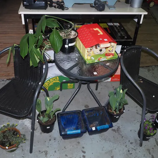 alloy and glass top patio table with 2 chairs