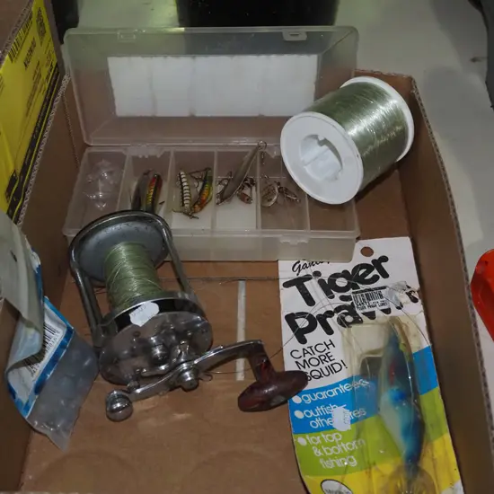 box; lures, reel, line etc