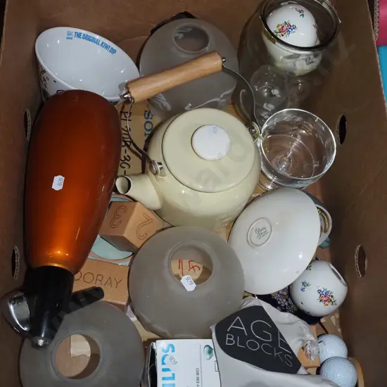 box; light fitting, enamel teapot, soda syphon etc