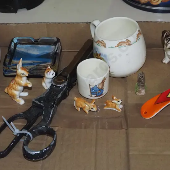 box; animal figurines, mug, pinking shears etc