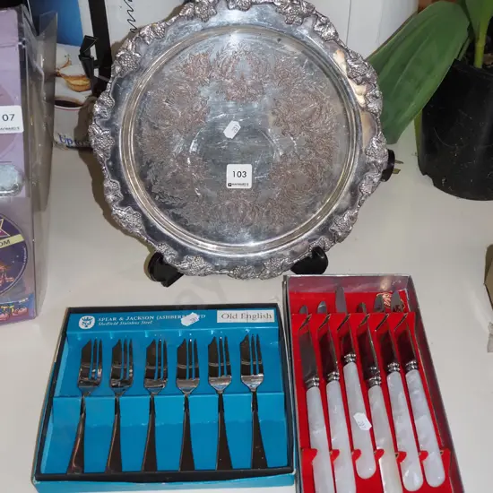 bone handled knives, cake forks, tray