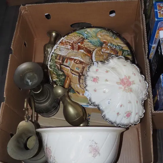 box; wall charger, footed bowl, brass vases etc