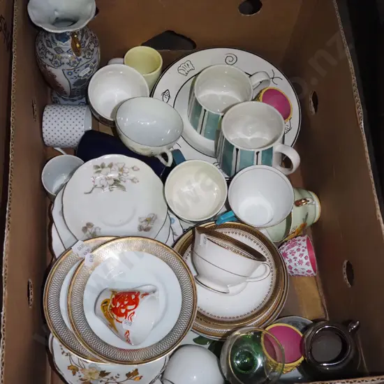 box; cups, saucers, plate, vase etc