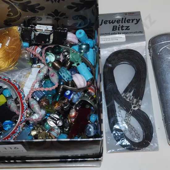 box; beads, glasses case, jewellery bits etc
