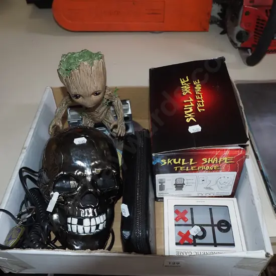 box; skull shaped telephone, Guardians of the Galaxy figurine etc