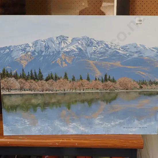 Brian Paton oil on board - lake and mountain scene