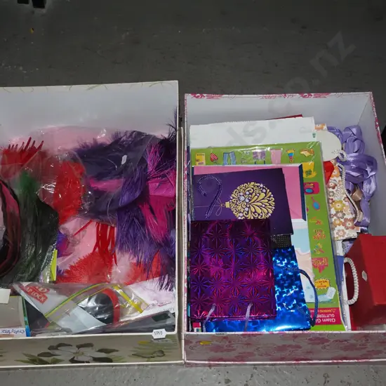 2x cardboard of crafting supplies; coloured paper, bags, feathers etc - yellow dots