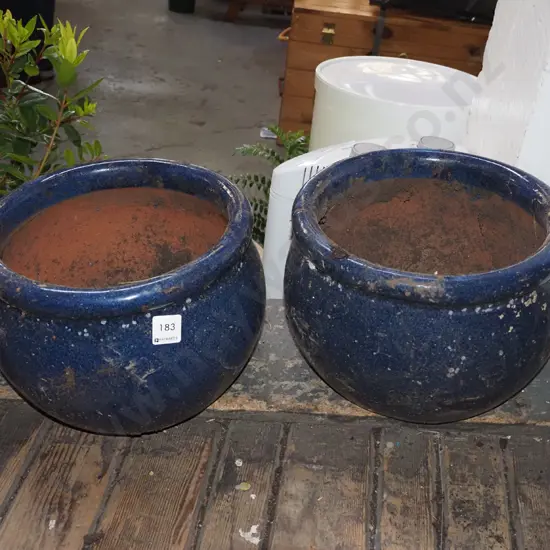 2x blue glazed garden planters H200