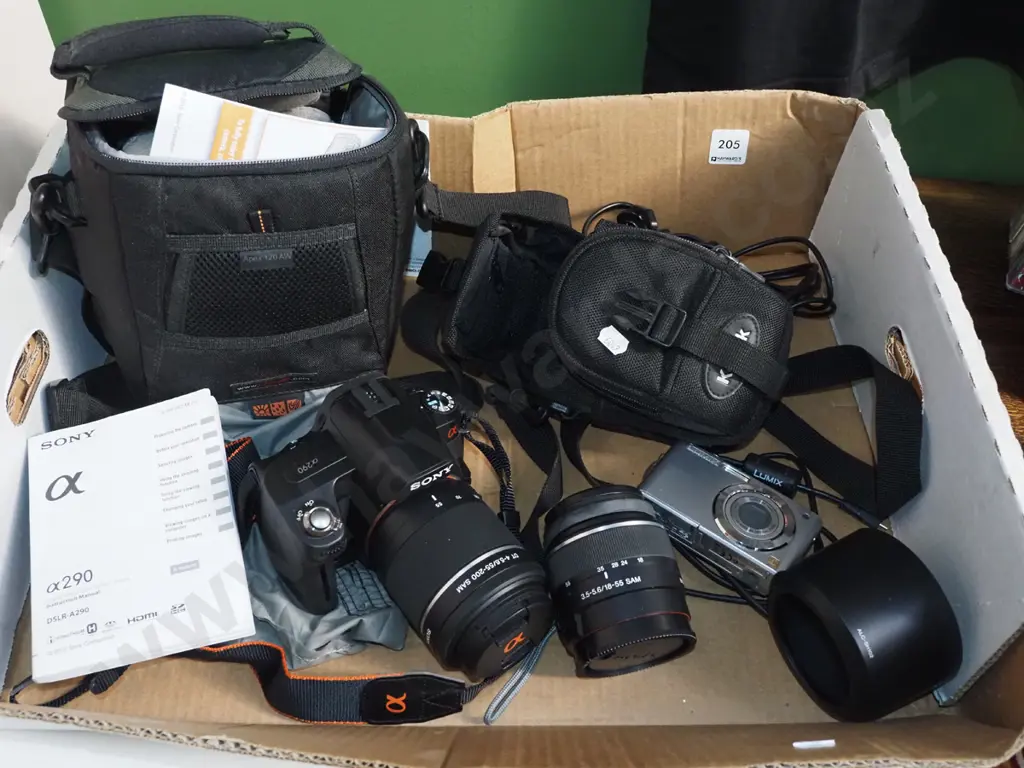 box; Sony 290 digital SLR camera and bag, Lumix digital camera Image 1++