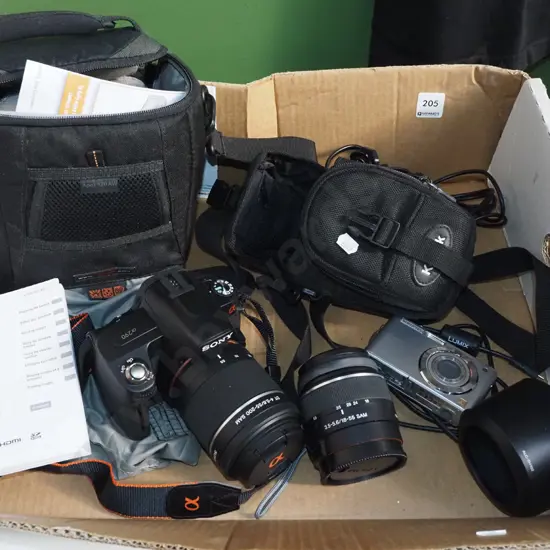 box; Sony 290 digital SLR camera and bag, Lumix digital camera