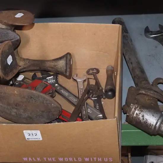 box; ring spanners, shoe lasts, petrol bowser part etc