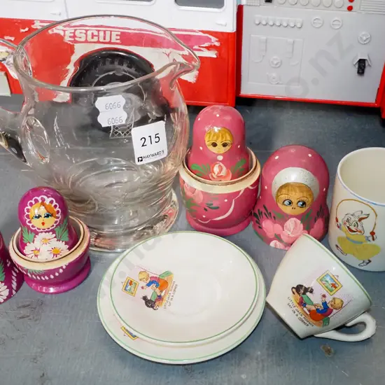 etched water jug, Russian dolls, trio etc