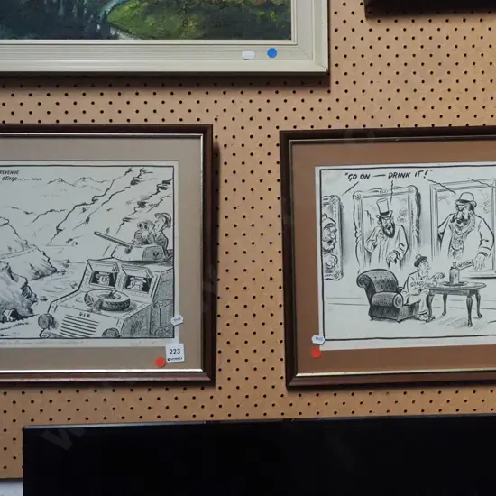 2x Syd Scales framed cartoons - foxing