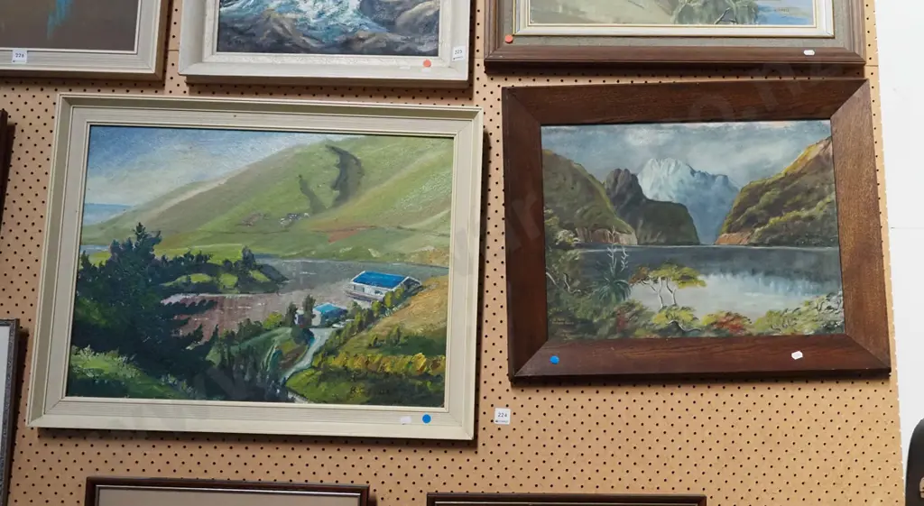 2x framed oils - framhouse, lake and mountain scene - blue dots Image 1++