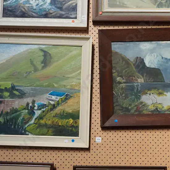 2x framed oils - framhouse, lake and mountain scene - blue dots