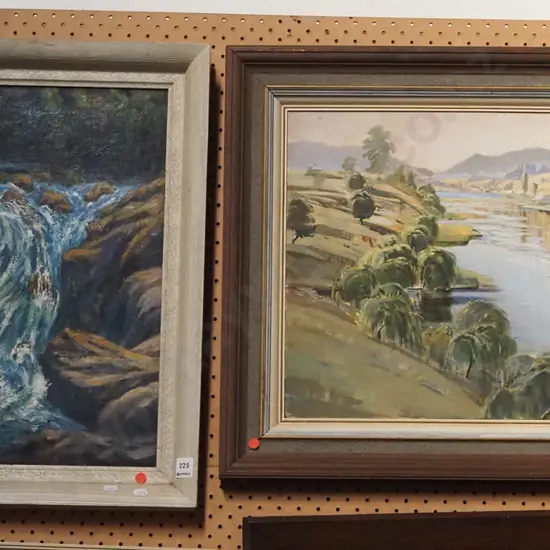 2x framed oils - waterfall, river scene - red dots - some damage