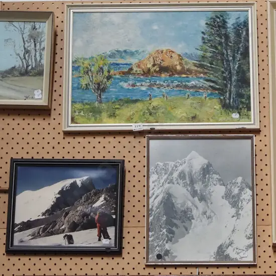 2x framed mountaineering photos, oil on board - black dots