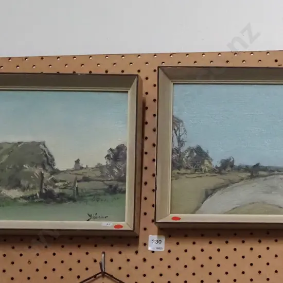 2x framed oils - landscapes - red dots