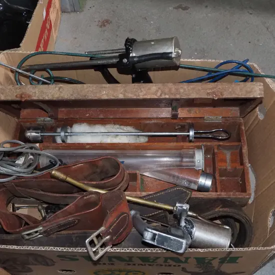 box; horse tack, grease guns etc